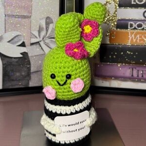 Positive Crocheted Green Cactus with Pink Flowers
